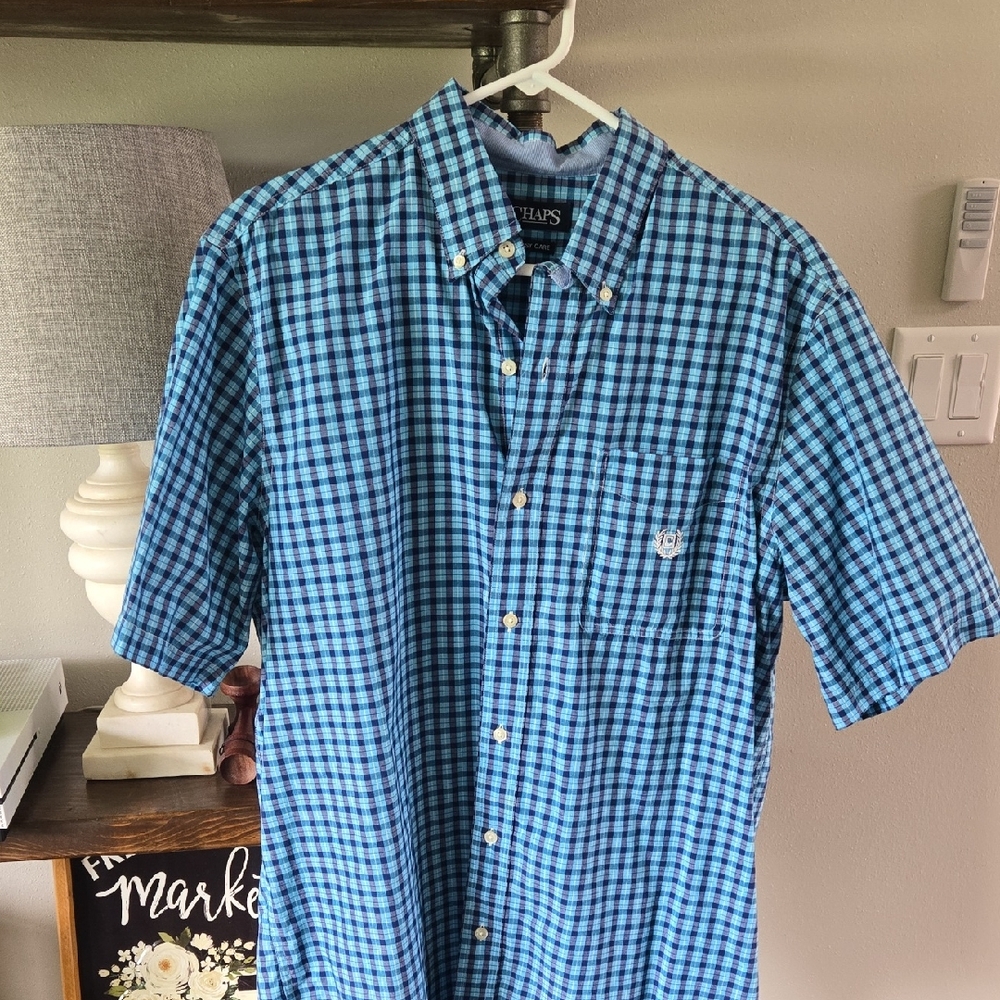 Chaps Blue Casual Button Down Shirt Gingham Pattern